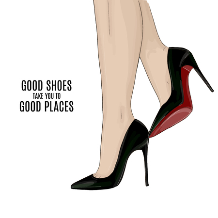 Woman beautiful legs on stiletto high heels shoes fashion illustration. Modern elegance beauty poster.のイラスト素材