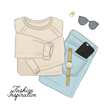 Hand drawn fashion elements. Sweater, jeans, accessories flatlay. Beautiful womens casual outfit set. Autumn street style modern vector artの写真素材