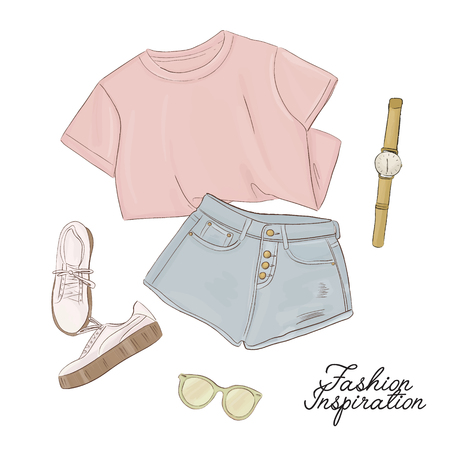 Tee, shorts, sneakers, sunglasses and watches sketch. Fashion women illustration. Modern trendy art. Hannd drawn summer closes set.  Flatlay outfit.の写真素材