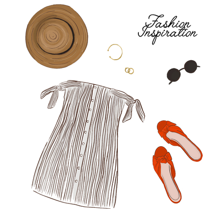 Woman summer outlook: dress with bows, hat, shoes and accessories decoration.  Modern cloth design. Hand drawn vector sketch .のイラスト素材