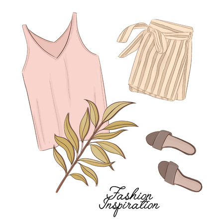 Girls outlook: shorts, shoes and top in pastel colors, decorated with palm leave. Trendy fashion illustration.のイラスト素材
