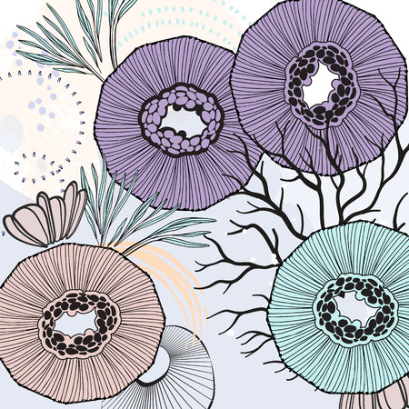 Vector nature print. Floral cloth background. Canvas leafs texture banner. Small flowers unique plants.のイラスト素材