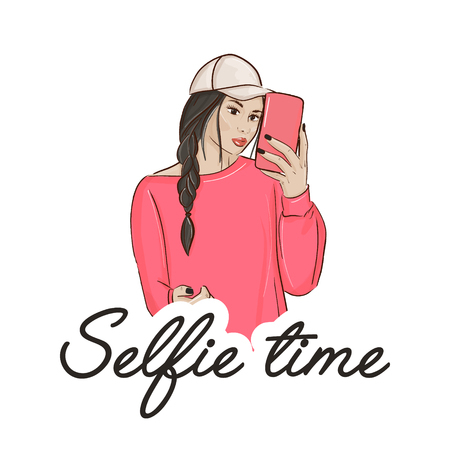 Young woman making selfie. Casual lifestyle girl with camera making photo. Cute city character design.のイラスト素材