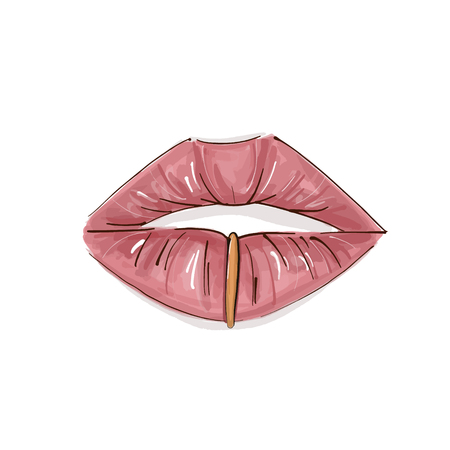 Sensual lips with gold piercing illustration. Female mouth print. Cool vector sexy pierced lips. Glamour  rose lipstick . Cosmetic designのイラスト素材