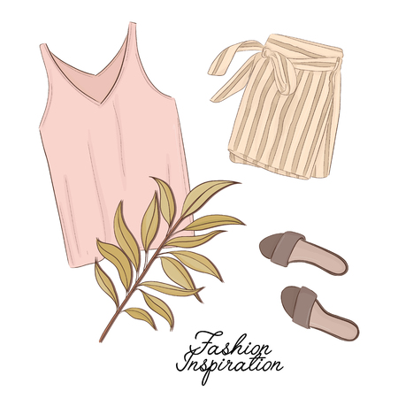Girls outlook: shorts, shoes and top in pastel colors, decorated with palm leave. Trendy fashion illustration.のイラスト素材