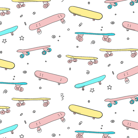 Skateboard doodle pattern. Extreme style graphic texture. Urban active lifestyle colorful skating decoration. Teen backgroundのイラスト素材