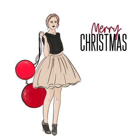 Vector holiday Christmas fashion illustration. New year style poster with glamour woman in fluffy dress and heels with huge decoration balls sketch. Glamour Model print. Trendy character decorationのイラスト素材