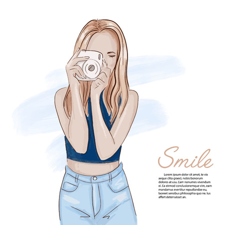 Glamour woman making photos. trendy fashion illustration. Magazin watercolor paint of girl shooting on camera. Stylish  lifestyle poster artのイラスト素材