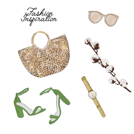 Simple accessories flatlay: bag, sunglasses, shoes, plant vector sketch. Glamour fashionable magazine illustration. Trendy wicker beach, city purse with other decoration elements. Women objectsの写真素材