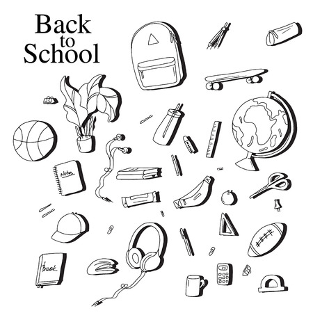 Back to school sketch elements. Black white education equipment: pen, notebook, calculator vector illustration. Student  drawing concept. Classroom objects posterの写真素材