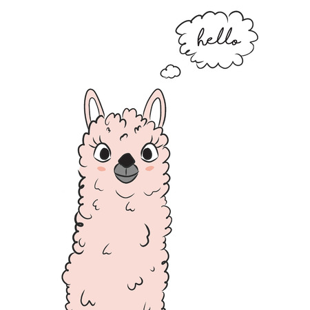 Vector cartoon sketch llama illustration. Alpaka say Hello poster. Cute  kids slogan text graphics.  Baby girl t shirt artの写真素材