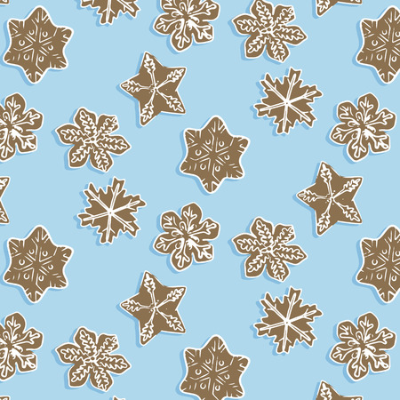 Winter snoflake cookie pattern. Cute brown homemade sweet decoraion. Snowflake dessert surface backgroundの写真素材
