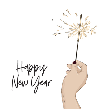 Happy new year sketch with hand holding bengal light. Shine bright winter holidays symbol. Magic Holiday greeting card. Christmas firework sparkled light. Festival mood artの写真素材