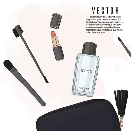 Make-up set: lipstick, brushes, cosmetic bag and perfume sketch illustration. Vector hand drawn beuaty cosmetic products. Fashion makeup collection setの写真素材