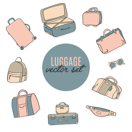 Luggage set. Baggage accessories: suitcase, bum bag, travel gear, briefcase, duffle, backpack texture.のイラスト素材