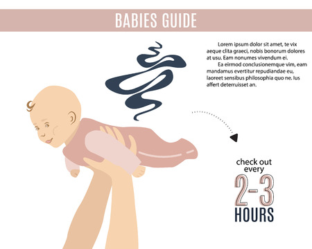 Baby boy with bad smell in pampers. Cute kids illustration. Adorable child inforgraphics for young mother. Cartoon funny newborn conceptのイラスト素材