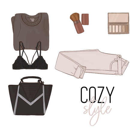Trendy casual outfit:denim jeans, top, lace bra, cosmetics and bag fasion sketch. Vector illustration.Stylish woman cloth store advertising printのイラスト素材
