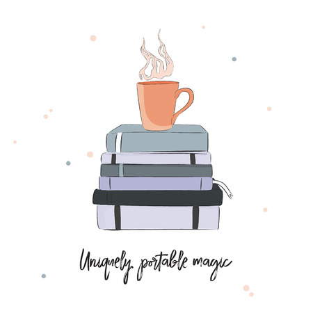 Creative poster with books, cup of coffee and quote. Vector art. Home wall decoration, interior design. Educational elementsのイラスト素材