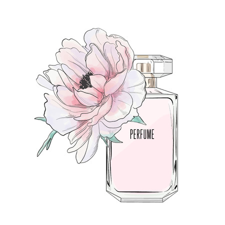 Vector fashion  peony flower and perfume bottle illustration. Hand drawn botanical sketch. Romantic drawing wedding design.のイラスト素材