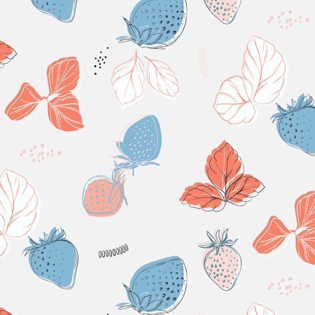 Hand drawn pattern with strawberries and leaves. Doodle Berries organic food elements. Vector background. Diet sketch color cliparts. Kitchen textile, background vector fillのイラスト素材