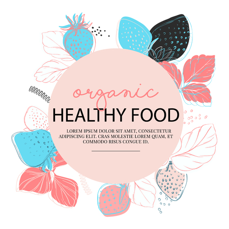 Vector strawberries organic food set. Berry with leaves healthy doodle drawing. Foliage plants organic illustrationのイラスト素材