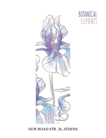 Iris hand drawn illustration. Floral decoration, beautiful wedding bloom card. Graphic banner with watercolor iris plants, summer pastel decoration.のイラスト素材