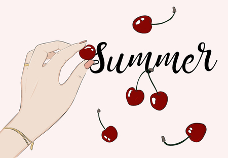 Summer party cherry greeting card. Vector food sketch background. Macro Berries with lettering. Vacation artのイラスト素材