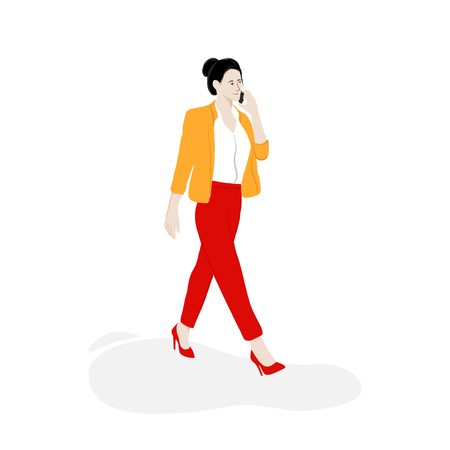 Business woman walking on the street with phone. Modern flat lay illustration. City lifestyle vector illustrationのイラスト素材