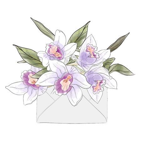Flower letter with watercolor orchids. Vector elegant hand drawn invitation.  Summer blossom luxury sketch. Womans day card, printable pages bouqet decorのイラスト素材