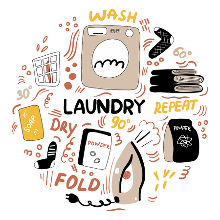 Modern laundry doodle illustration. Housework machine wash, iron, powder, socks, towels. Domestic Home hand drawn lettering sketchのイラスト素材