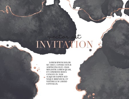 Black gold luxury design. Watercolor splash Vector vertical wedding invitation card with golden waves shapes. Trendy design for wedding ceremony. Can be used for cosmetics, spa, beauty salon.のイラスト素材