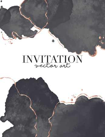 Black gold luxury design. Watercolor splash Vector vertical wedding invitation card with golden waves shapes. Trendy design for wedding ceremony. Can be used for cosmetics, spa, beauty salon.のイラスト素材