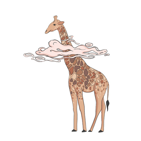 Giraffe in pink clouds hand drawn vector illustration. African animal cartoon character. Vector Jungle, rainforest, savanna mammal. Zoo, safari fauna. Travel postcard, kid book clipartのイラスト素材