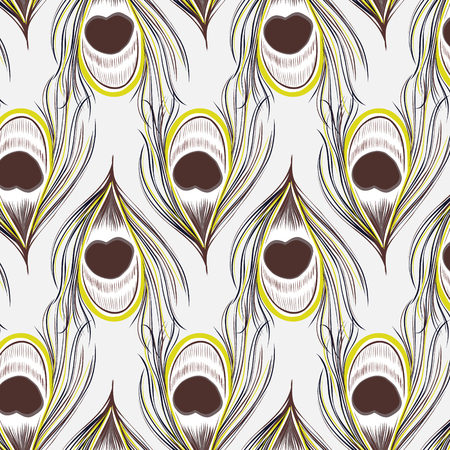 Hand-drawn feather green decoration. Animal elegant exotic pattern with tender peacock plumageのイラスト素材