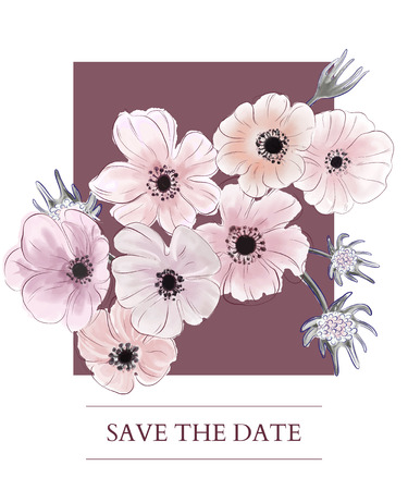 Watercolor botanical anemones prin. Hand-drawn wedding invitation card template design, flowers and leaves with rectangle frame on violet background, vintage styleのイラスト素材
