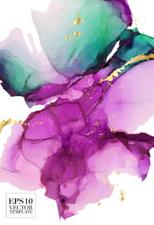 High quality vector Alcohol ink shape in pink, green contrast colors and gold sparkles. Modern abstract painting, contemporary wedding decoration. Watercolor art golden elements. Delicate liquid flow.のイラスト素材