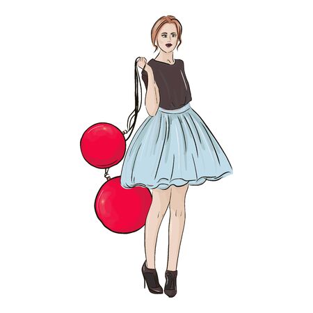 Vector holiday Christmas fashion illustration. New year style poster with glamour woman in fluffy dress and heels with huge decoration balls sketch. Glamour Model print. Trendy character decorationのイラスト素材