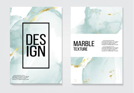 Modern alcohol ink watercolor splash in mint color artwork. Futuristic design. Abstract liquid flow, fluid shape painting. Tender blue and gold foil ink posterのイラスト素材