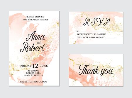 Trendy greeting card set with watercolor liquid flow. Tender ink art with gold glitter splashes. Beauty salon card, wedding invitation, vectorの写真素材