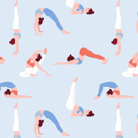 Sport woman illustration in vector.  Flat girls set of cartoon characters doing yoga. Active lifestyle pattern, indoor fitness.の写真素材