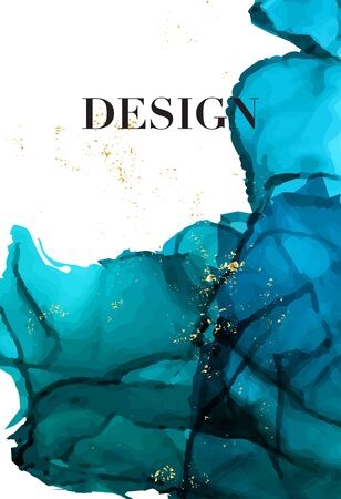 Blue navy gold luxury design. Watercolor dark splash Vector wedding invitation card with golden waves shapes. Trendy design for wedding ceremony. Can be used for cosmetics, spa, beauty salon.の写真素材