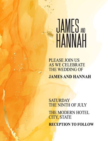 Yellow liquid watercolor splash. Abstract background. Tender bright wedding invitation , typography design.の写真素材