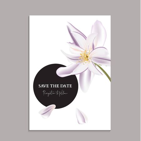 Greenery soft violet magnolia greeting card, wedding invitation card template design, soft vector illustration  flowers with white black bubble frame. Pastel brochureのイラスト素材