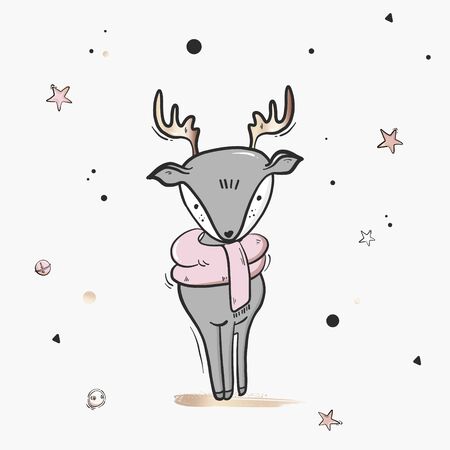 Childish deer cute cartoon  illustration sketch. Nursery print, Creative winter scandinavian style kids texture for fabric, wrapping, textile, wallpaper, apparel. Vector illustration.のイラスト素材