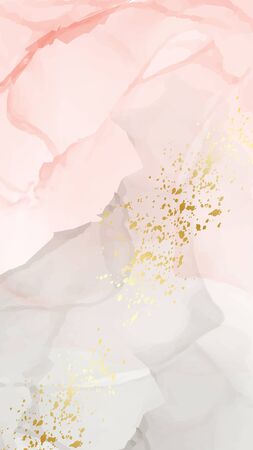 Vector watercolor repetition liquid flow in navy blue colors with gold glitters. Vector contrast alcohol ink grunge abstract background. Benner design templateのイラスト素材