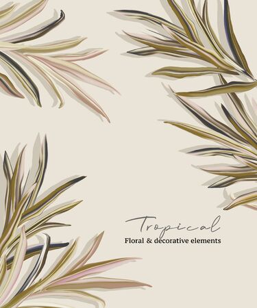 Greenery greeting palm invitation card template design in pastel colors, foliage leaves hand drawn doodle graphics on beige background, nature wedding boanical decorationのイラスト素材