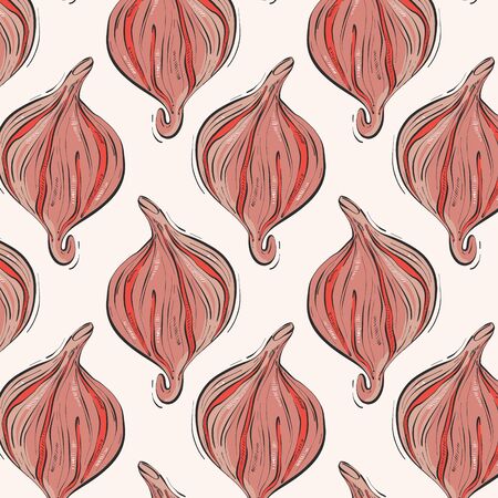 Fig drawing seamless pattern in red colors, simple trendy summer design. Modern tropical plant, exotic food repetition background.のイラスト素材