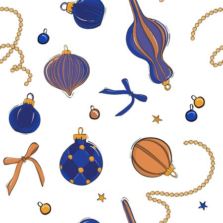Modern vector baubles Christmas decoration pattern in navy blue and gold colors. Winter holidays festive designのイラスト素材