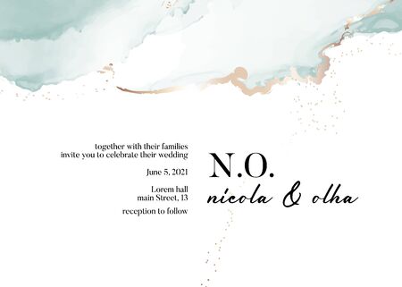 Wedding tender alcohol ink blue green and gold concept. Soft liquid flow poster, invite. Vector decorative greeting card or invitation design background.のイラスト素材