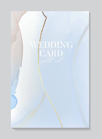 Inspiration blue typography poster with marble liquid flow shape and gold foil lines and glitters. Vector card template. minimal simply cool design concept in soft blue gray colors.のイラスト素材